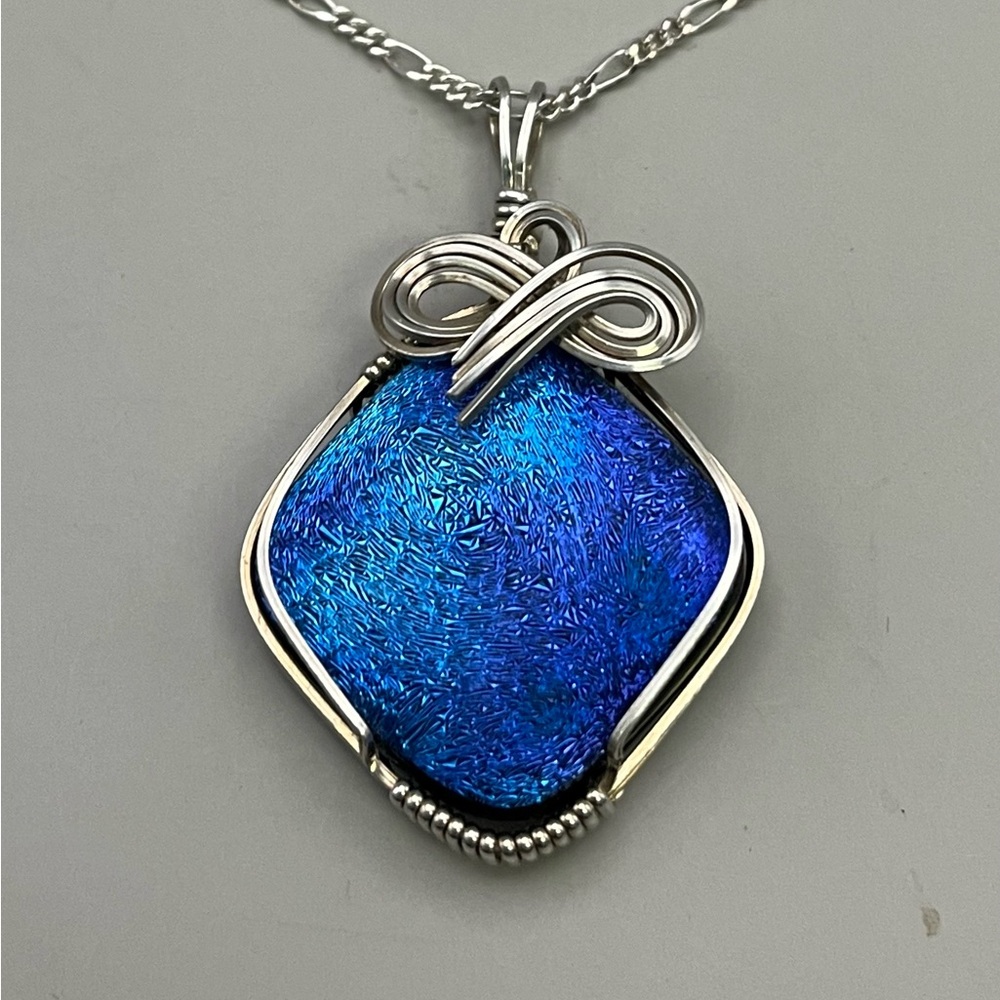 Sterling Silver and Blue Dichroic Necklace with Intricate Design